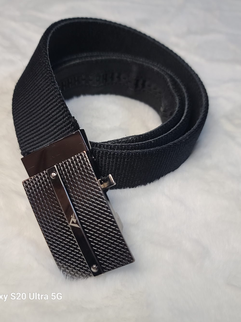 Men's Black Nylon & Leather Webbing Belt with Textured Metal Buckle
